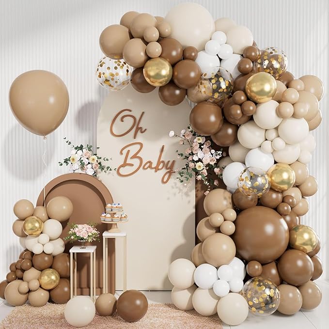 CboDeco Brown Balloon Garland Arch Kit 141PCS Brown Boho Neutral White Gold Latex Metallic Confetti Balloons for Safari Neutral Bear Baby Shower Birthday Party Decorations