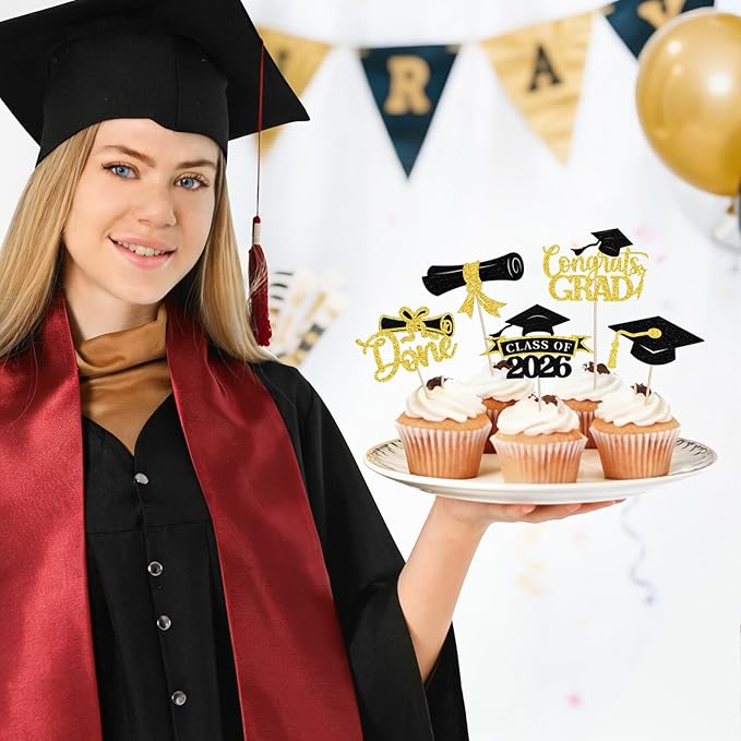 2026 Graduation Cupcake Toppers, 36 pack Gold Glitter Class of 2026 Congrats Grad Diploma Graduation Cap Cupcake Picks for 2026 Graduation Party decorating Supplies