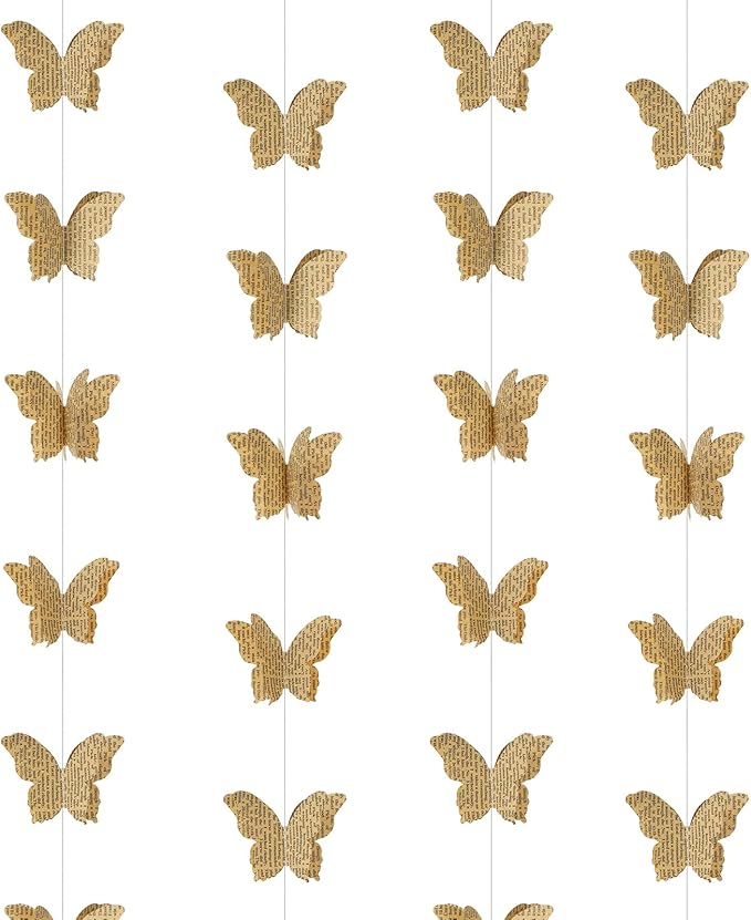 3D Paper Butterfly Garland Recycled Book Newspaper Hanging Garland Bunting Banner Party Decorations Wedding Baby Shower Home Decor 4 Pack (Brown)