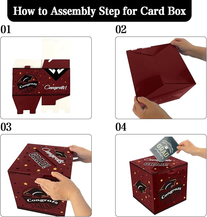 Graduation Card Box, Graduation Party Decorations 2025, Maroon Graduation Box, Graduation Card Holder, Foldable Cardboard Congrats Grad Card Gift Box for Graduation Party Supplies Party Favors