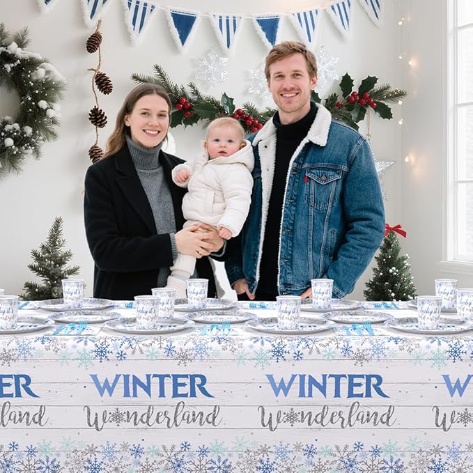 194pcs Winter Wonderland Baby Shower Decorations Winter Wonderland plates and Napkins, Cup, Tablecloth, Tableware, Blue Disposable Christmas Snowflake Party Supplies Serve 24 Guests