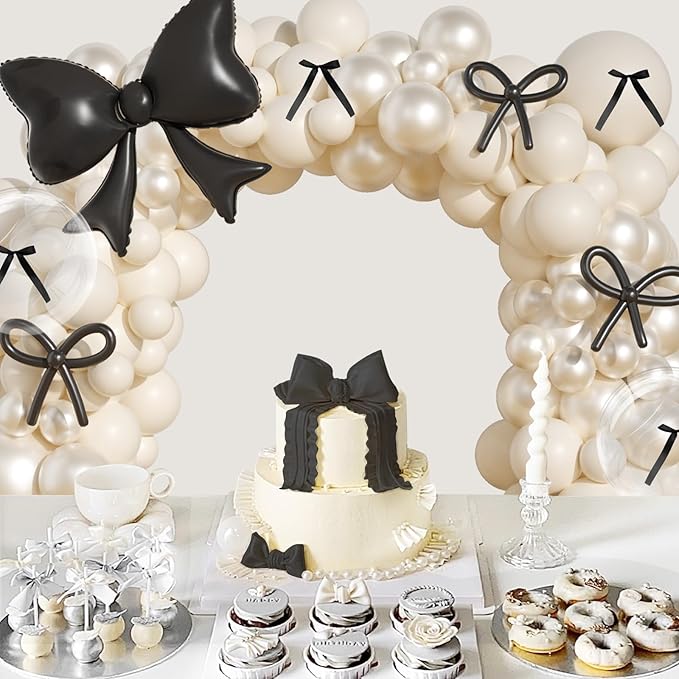 Pearl White Balloon Arch Kit, JOGAMS 174Pcs Bow Balloon Arch Kit with 260 Clear Bow Foil Balloons Ribbon Bow for Coquette Bow Theme Birthday Wedding Baby Shower Bachelorette Bridal Shower