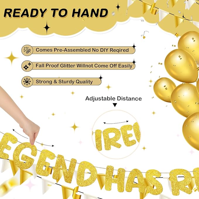 Fulmoon Pre Strung the Legend Has Retired Glitter Banner 9.8 ft Retirement Banner Retirement Party Decorations Garland Bunting for Men Women Gifts, No DIY(Gold)