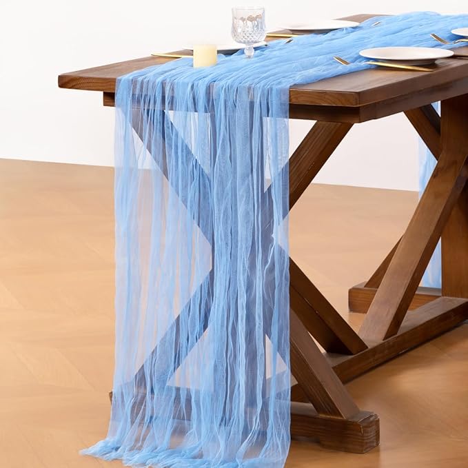 Socomi Blue Cheesecloth Table Runner Tulle Gauze Cheese clothBoho Rustic 120 inch 10FT Runner for Wedding Party Baby Shower Birthday Holiday Decorations 1pc