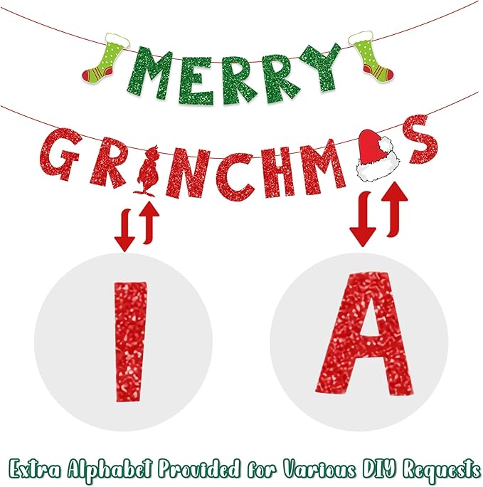 Christmas Decorations Party Banners Indoor, Glittery Christmas Decor Banner, Red Green Banner for Home Fireplace Decor