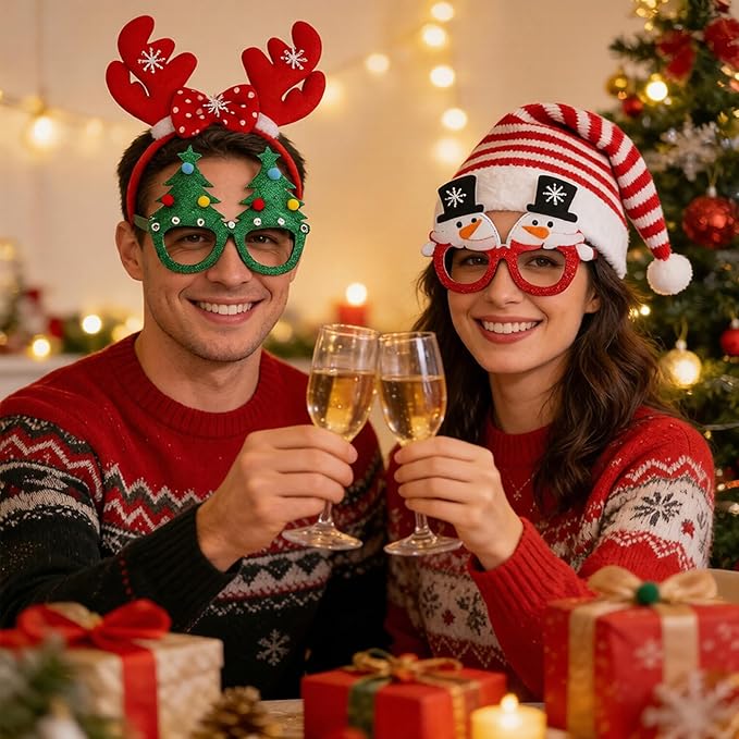 18 Pcs Christmas Glasses Glitter Headbands Hats Set, Hair Hoop Eyewear Eyeglasses Frame Santa Hat Photo Props for Adults Christmas Party Favors Holiday Photos Booth