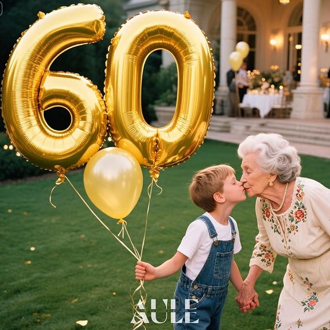 AULE 40 Inch Jumbo Gold Foil Mylar Number Balloons for Men Women 60th Birthday Party Decorations 60 Years Old Anniversary Party Supplies