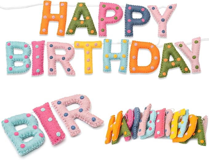 Pre-Strung Handmade Wool Felt Colorful Happy Birthday Banner, Unique 3D Confetti Dots Happy Birthday Garland Decor, Reusable Happy Birthday Sign for Boho Rainbow Party Backdrop Decorations