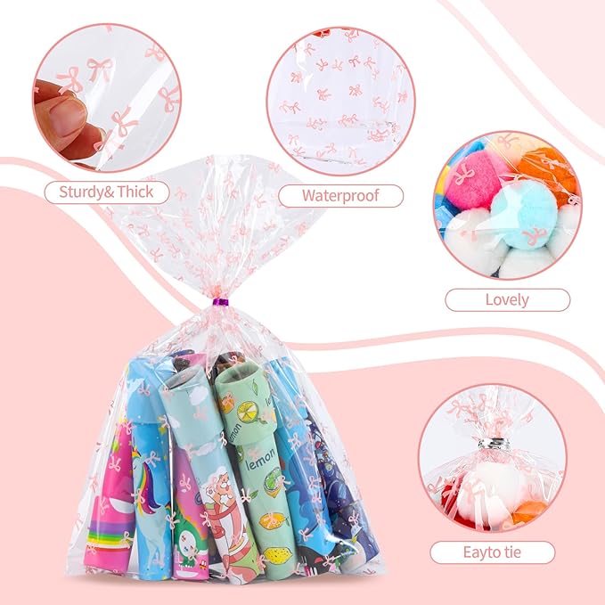 SOMIOCO Clear 100 PCS 8X12 In Cello Cellophane Treat Bags Party Favor Bags Pink Candy Cookie Bags Clear Plastic Gift Goodie Bags with Twist Tie for Birthday,Baby shower,Wedding(Bow pattern)