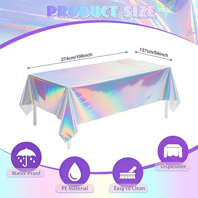 3-Pack Iridescent Plastic Tablecloths, Holographic Glittering Foil Disposable Tablecloths, 54 inches x 108 inches, Suitable for Birthday, Wedding, and Holiday Party Decorations