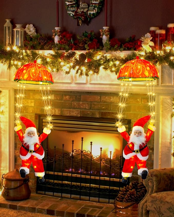 LED Christmas Decorative Hanging Lights with 1.31ft Parachute Santa Claus, Christmas Decorations Lights for Indoor Outdoor, Window, Garden, Home, Wall, Xmas Tree Decor