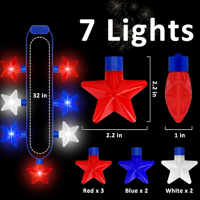 4th of July Necklace Party Favors, 20PCS Independence Day Light up Necklace, 7 Bulb Red Blue Whtie Stars Necklace, Glow Necklaces Bulk for Memorial Day Patriotic Themed Parades Parties Supplies