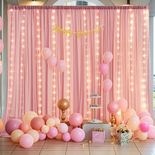10ft x 10ft Dusty Rose Chiffon Backdrop Curtain with Lights String for Parties,2 Panels Sheer Tulle Curtain Wedding Photo Backdrop with Lights for Baby Shower Birthday Party Ceremony Home Decorations