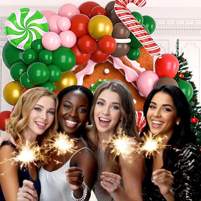 Pink Christmas Balloon Arch Kit Red Green Candy Cane Balloons Brown Gold Diy Gingerbread Balloon Arch Garland for Xmas Christmas Birthday Party Decorations Holiday New Year Decor
