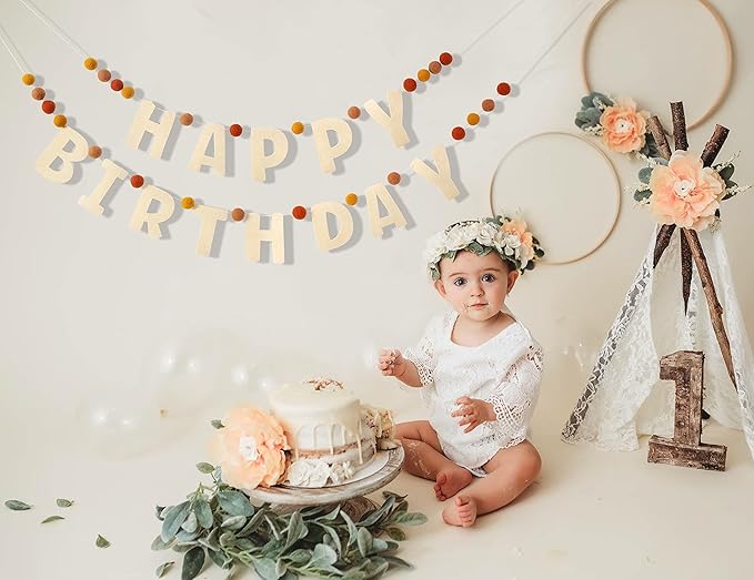 Boho Felt Happy Birthday Garland - Natural Handmade Wool Letters & Balls, Boho Birthday Decoration, Decorations for Children's Birthday Parties, Assembled Happy Birthday Banner