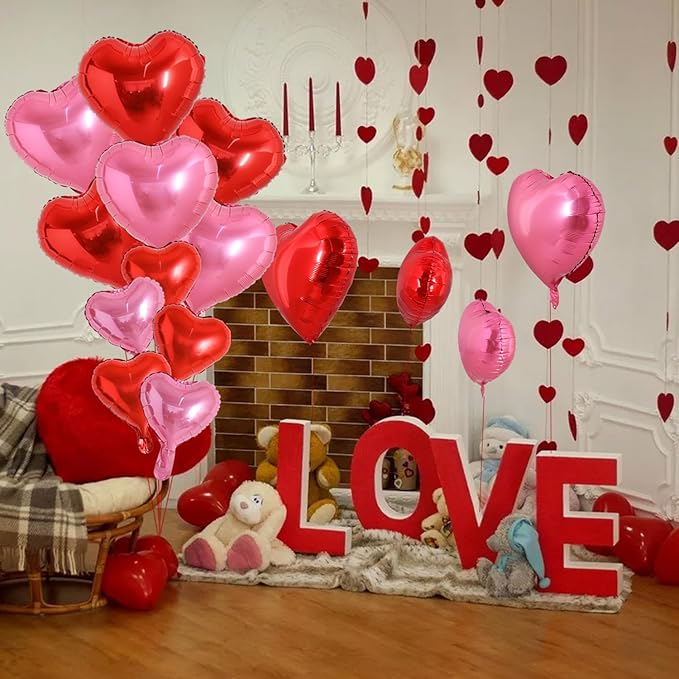 TONIFUL Red and Pink Heart Balloons and Sweet Love Balloon Kit Valentine’s Day Foil Mylar Balloons Decoration for Valentine's Day Wedding Bridal Shower Anniversary Engagement Party Supplies