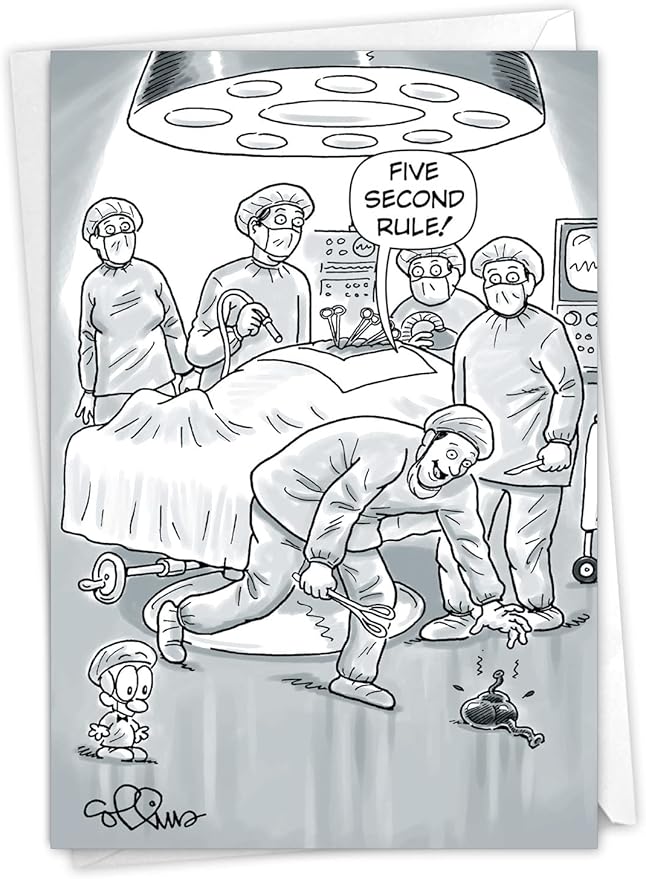 NobleWorks - 1 Humorous Birthday Notecard w/Envelope (4.63 x 6.75 Inch) - Funny Congratulations and Appreciation Medical Stationery with Doctors, Surgeons - Five Second Rule Birthday Card 7926Z
