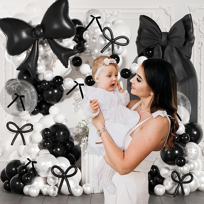 Black and White Balloons Arch Kit,JOGAMS 187Pcs White Black Bow Birthday Party Decorations with Bow Double Stuffed Pearl White Balloons Ribbon Pearl Stickers for Birthday Bachelor Bridal Baby Shower