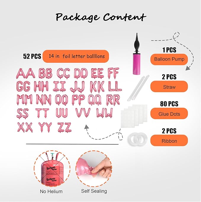 52 pcs Pink Foil Letter Balloons with Air Pump, 16 Inch 2 A-Z Sets - Mylar Alphabet Balloon Kit for Birthday Banner & Party Decorations