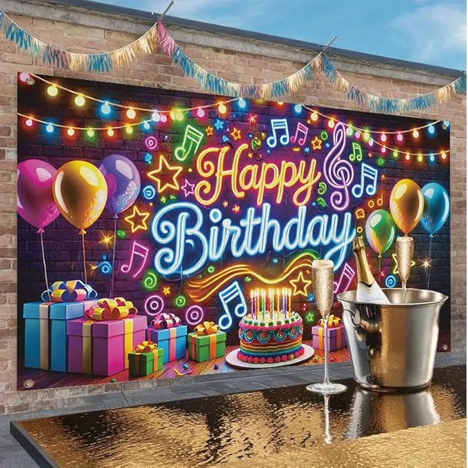 Happy Birthday Banner Backdrop, 71x43 In,Neon Music Theme Birthday Party Decorations with Balloons Cake Gifts, Colorful Brick Wall Background for Boys Girls Kids Birthday Photo Booth Supplies