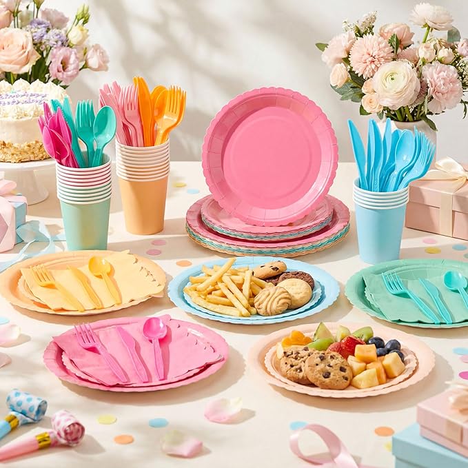 Zhehao 175 Pcs Candy Colors Party Supplies Set Colorful Disposable Tableware Kit with Plates, Cups, Napkins, Cutlery for Baby Shower, Birthday, Wedding