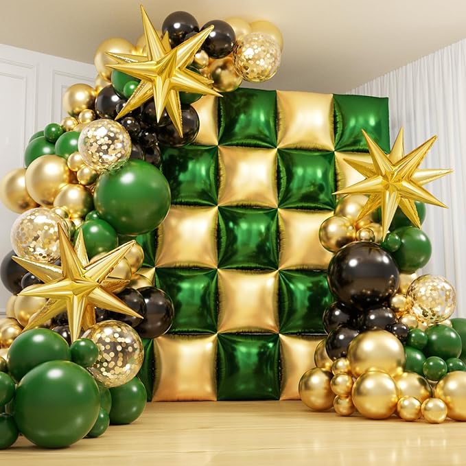 152Pcs Green and Gold Foil Square Balloon Wall Backdrop with Emerald Green Gold Black Latex Balloons Arch Garland Kit, Double Sided Balloon Tunnel for Baby Shower Jungle Graduation Party Decorations