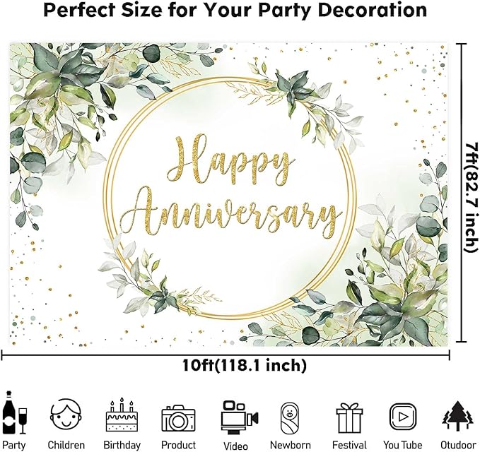 Sensfun 10x7ft Happy Anniversary Backdrop Sage Green Eucalyptus Wedding Anniversary Party Decorations Greenery Marriage Memorial Day Cheers to 10 Years 25th 40th 50th Wedding Day Banner