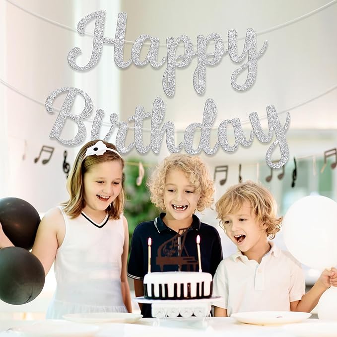 Glitter Happy Birthday Banner Sign Birthday Garland Wall Door Banners Flag for Women Men Boys Girls Party Backdrop Decorations Silver