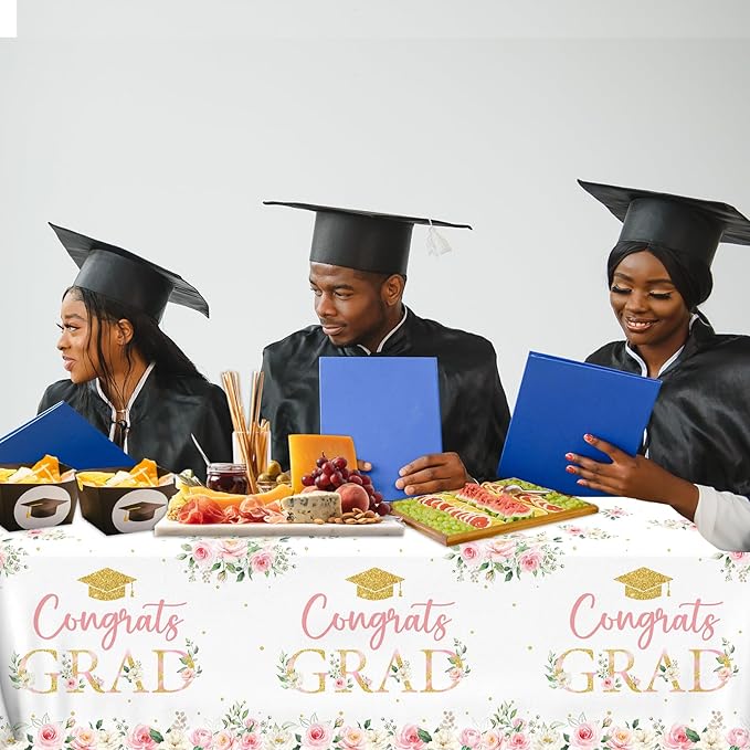 3Pack Graduation Tablecloth,Graduation Party Decorations Pink Gold Floral Congrats Grad Table Cover Plastic Rectangle Table Cloths for Class of 2026 High School College Graduates Party Supplies