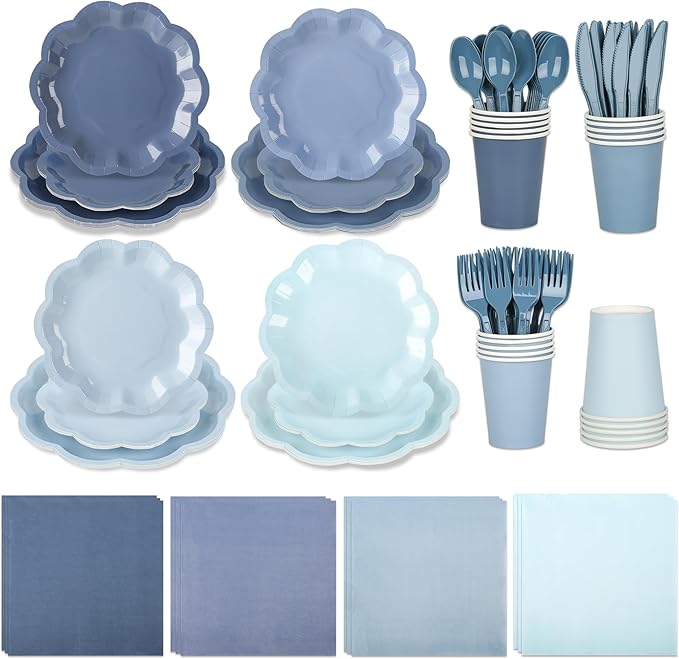 168 Pcs Dusty Blue Paper Plates and Napkins 24 Guests Gradient Scalloped Disposable Tableware Party Supplies Set for Baby Shower Wedding Birthday Garden Tea Party (Dusty Blue)