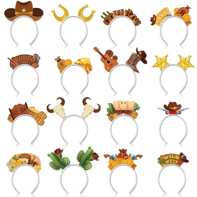 Blosssound 16 Pieces Western Headbands Wild West Cowboy Party Favors Decorations for Western Birthday Party Supplies Accessories