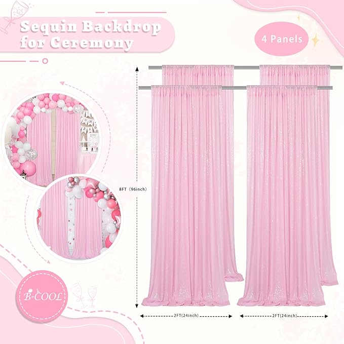 B-COOL Pink Sequin Backdrop Curtains 2ftx8ft Pink Party Backdrop 4 Panels Baby Shower Photo Backdrop Party Backdrop Curtain