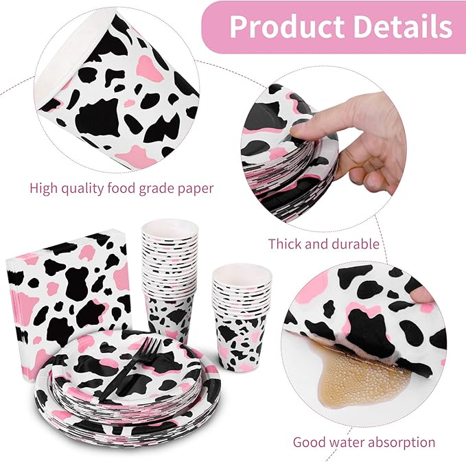durony 144 Pieces Pink Cow Print Party Tableware Set Including Cowgirl Pink Cow Party Plates Cups Napkins Forks Serves 24 for Baby Shower Farm Cow Party Decorations