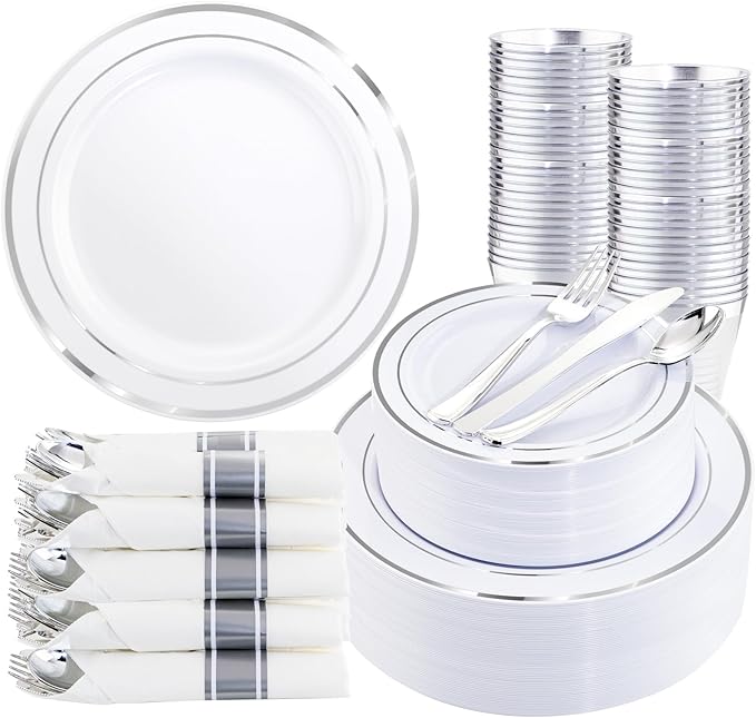350Piece Silver Plastic Dinnerware Set for 50 Guests - Silver Plastic Plates with Cutlery Include:50Dinner Plates-50Dessert Plates-50Pre Rolled Napkins with Silverware Party Wedding