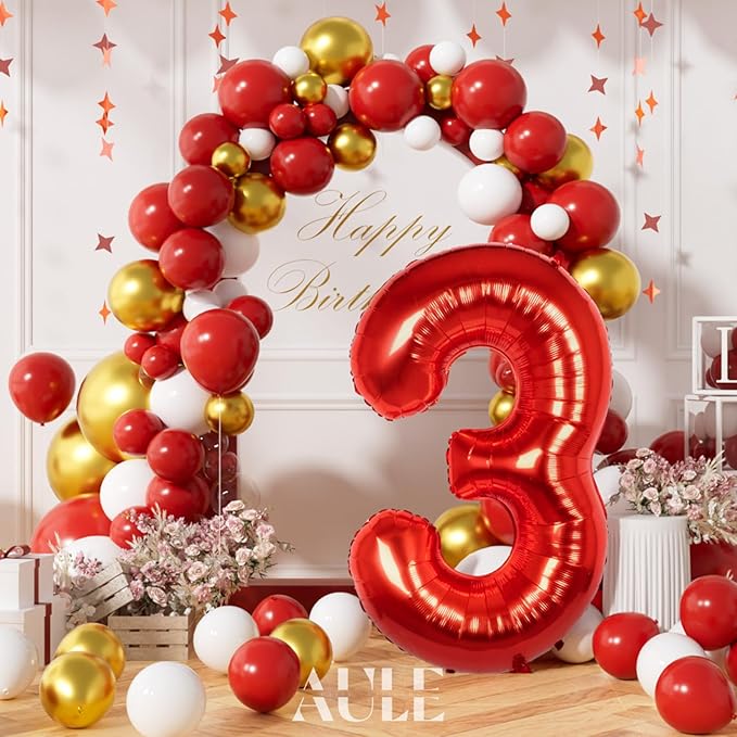 AULE 40 Inch Big Red 3 Balloon Number Large Foil Helium Number Balloons 0-9 Jumbo Giant Happy 3rd Birthday Party Decorations for Boy or Girl Huge Mylar Anniversary Party Supplies