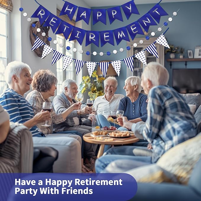 Happy Retirement Banner Assembled GAGAKU Blue and Silver Retirement Party Decorations Supplies Kit Blue White Paper Pennant Banner for Men Women Office Farewell Party