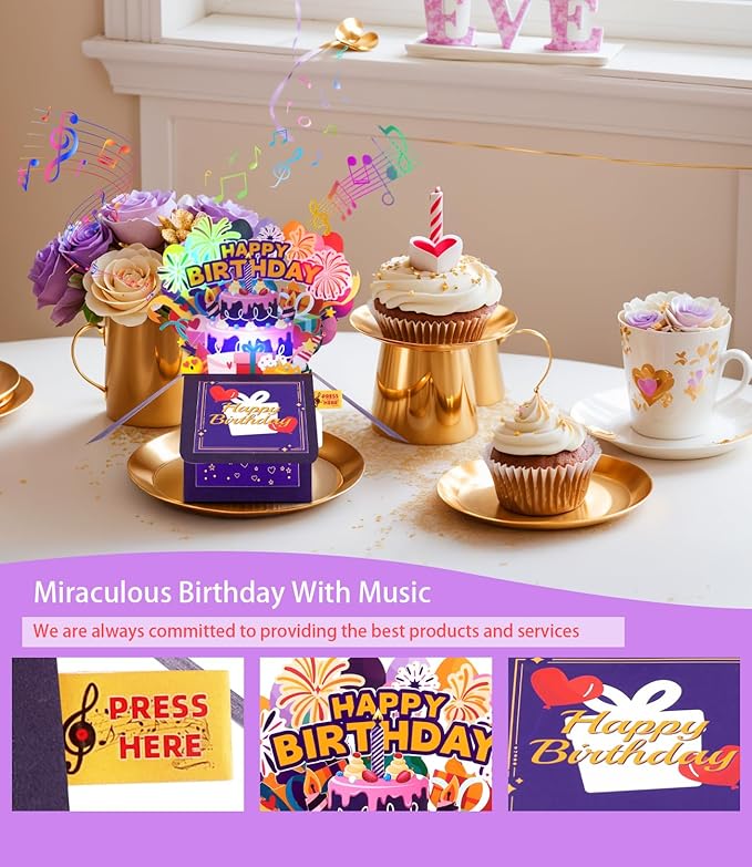Magic Ants 3D Musical Birthday Card with Lights – Pop Up Gift Box Design, Plays “Happy Birthday” Song, Includes Envelope and Note Cards – Fun Greeting for Kids, Adults, Friends