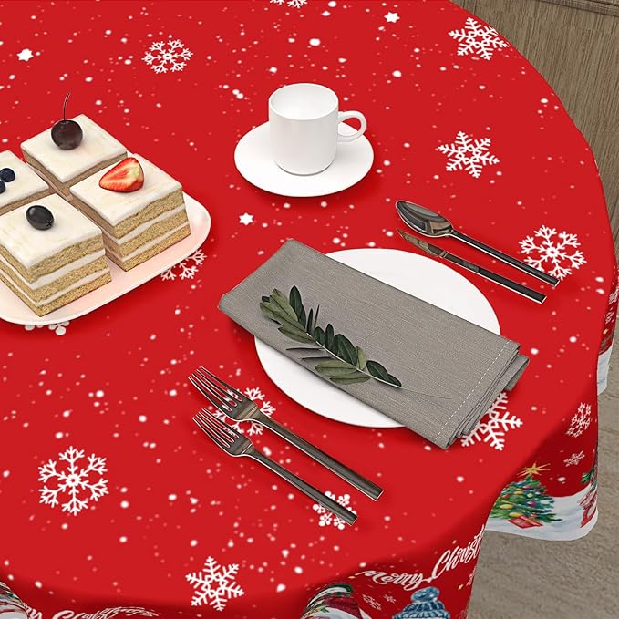 Christmas Tablecloth Round 60 Inch Red Winter Snowman Snowflake Table Cloth Farmhouse Xmas Tree Snow Table Cover for Kitchen Dinner Room Holiday Party Indoor Outdoor Home Christmas Decor