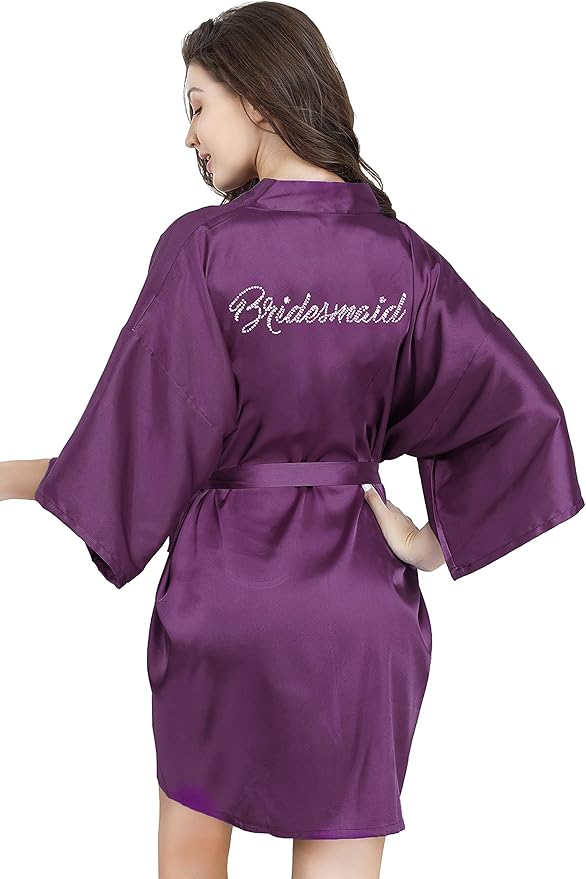 EPLAZA Women's One Size Silver Rhinestones Bride Bridesmaid Short Satin Robes for Wedding Party Getting Ready