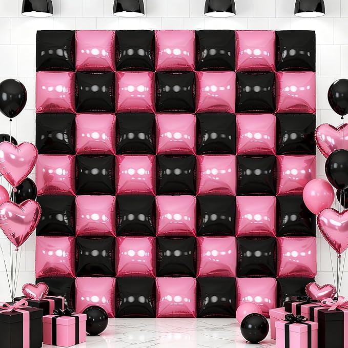 50PCS Pink Black Square Foil Balloon Wall, 19'' Double Sided Foil Balloons Backdrop Tunnel Arch Kit for Anniversary Bachelorette Bridal Baby Shower Birthday Party Decorations