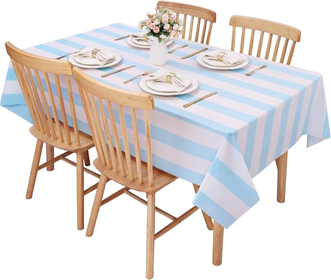 Kesfey 3 Packs Light Blue and White Vertical Striped Table Cloth 54 x 108 Inches Bluey Stripe Table Cover Disposable Plastic Beach Tablecloths Waterproof Rectangle Picnic Tablecover for Birthday Party