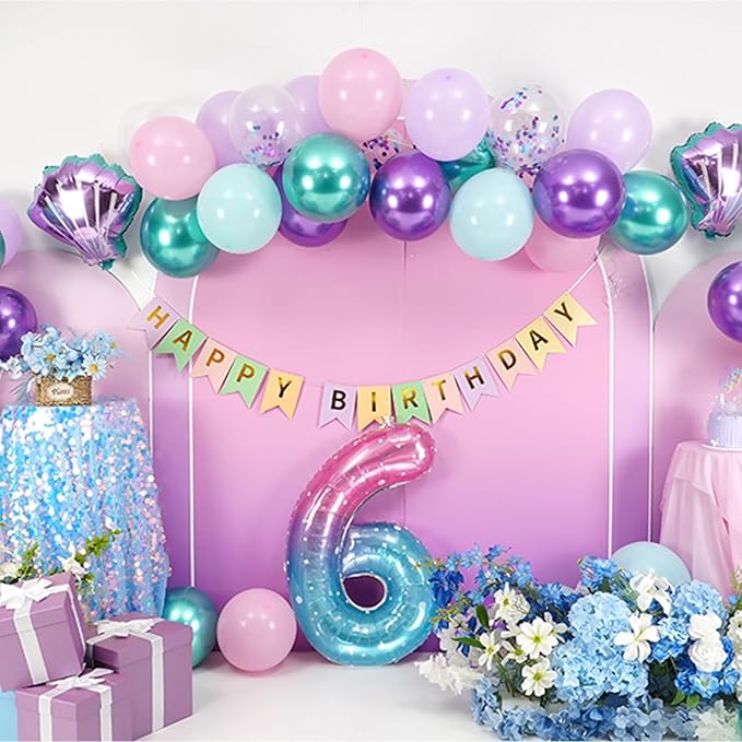 6th Mermaid Birthday Decoration for Girls,Pink Purple Green 6th Birthday Balloon Number 6 Seashell Foil Balloons Banner Mermaid Sea Party Decor Supplies for 6 Year Old