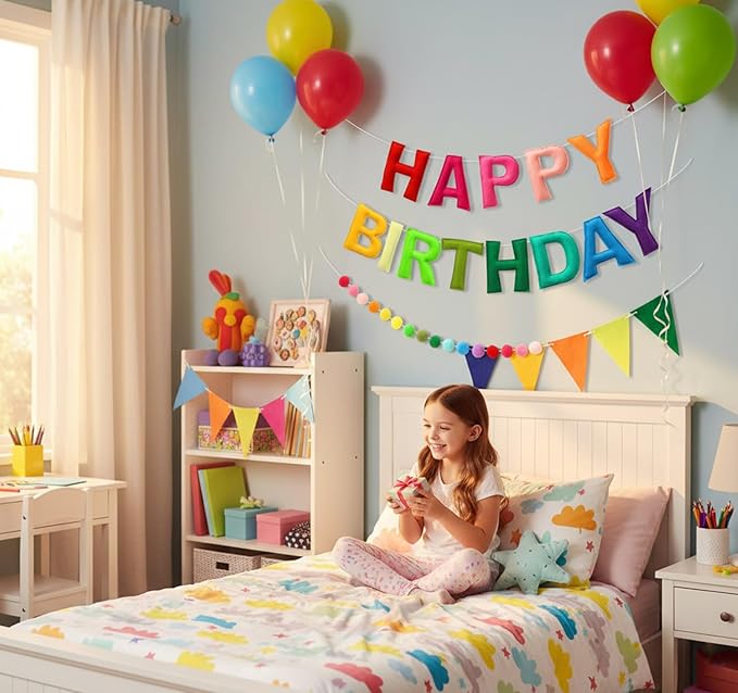 3D Happy Birthday Banner Set – Pre-Strung Reusable Rainbow Happy Birthday Decorations with Felt Ball Garland, Triangle Flag Bunting & Colorful Circle Hanging Banner for Wall Window Garden Party Supply