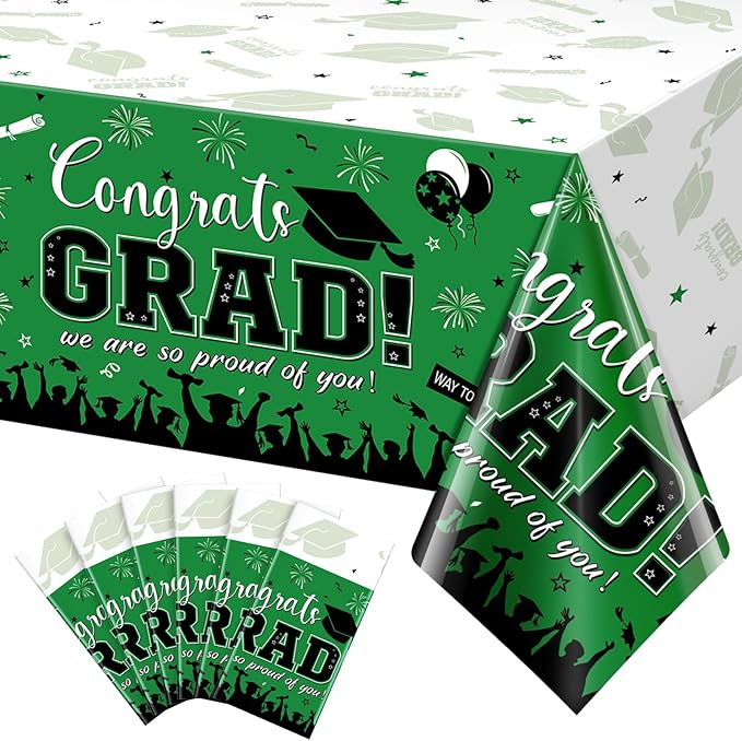 6 Pack Graduation Tablecloth Party Decorations, Class of 2026 Congrats Grad Plastic Tablecover Party Supplies, Green Rectangle Graduation Table Decorations for College High School Party, 54 x 108 Inch