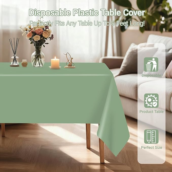 MRJ 12 Packs Disposable Plastic Tablecloths 54x108 Inch, Sage Green Rectangle Table Cover for Birthday Party Wedding Banquet Decorations