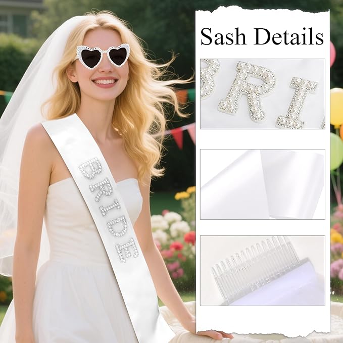 Bride to Be Set: Pearl-Trimmed Heart Sunglasses, Pearl BRIDE Sash & Tulle Veil - Bachelorette Party Bridal Accessories