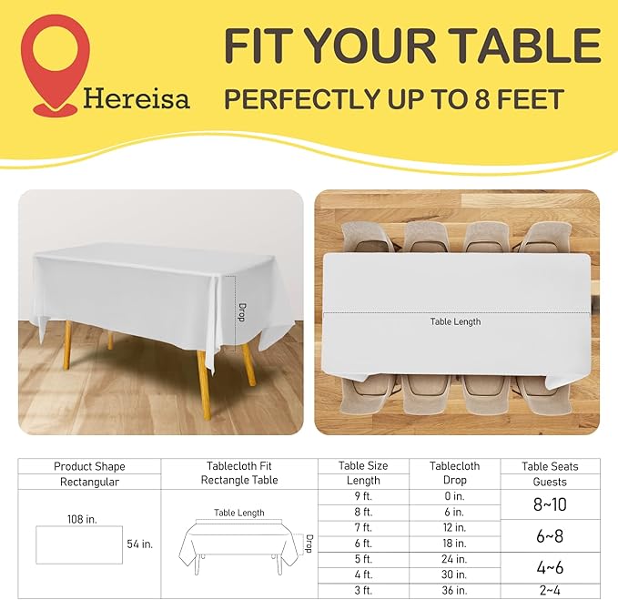 White 6 Pack Plastic Table Cloths, 54" x 108", Disposable Rectangle Table Covers for Parties