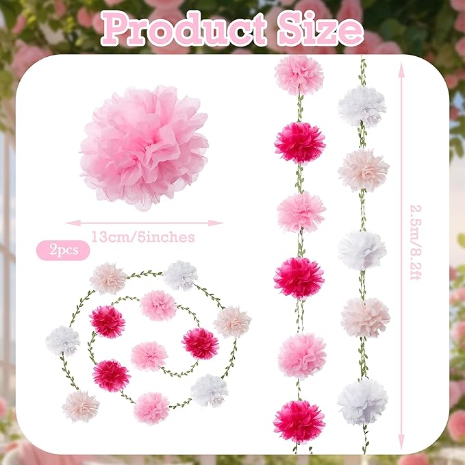 XIANNVXI Pink Tissue Paper Pom Pom Garlands Artificial Flowers Hanging Decorations 8.2ft Hanging Flowers Garland for Wedding Birthday Bridal Shower Party Spring Decorations 2PCS（Pink Gradient）