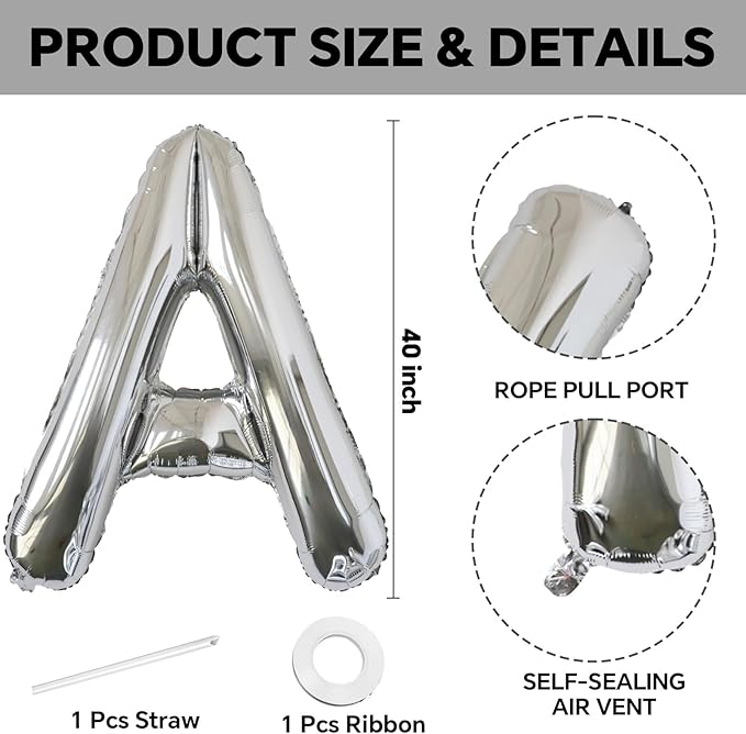 KALOR 40 Inch Silver Letter A Balloons Jumbo Foil Mylar Helium Big Balloons for Birthday Party Anniversary Baby Shower Supplies