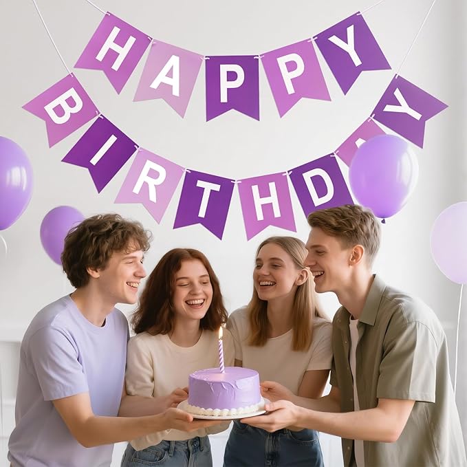Purple Happy Birthday Banner Birthday Party Banner NO DIY Happy Birthday Sign Pre-Strung Birthday Hanging Decoration for Women Men Girl Boy Party Supplies(Purple)